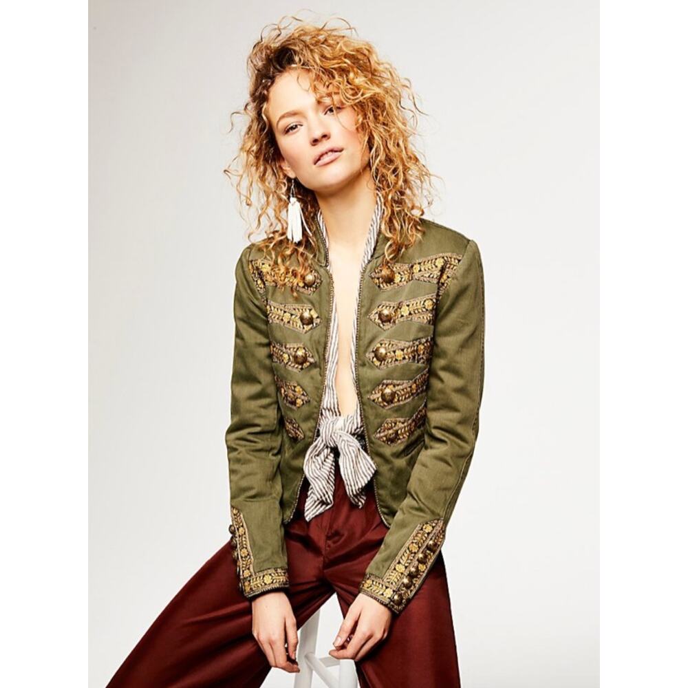 Free People Twill Band Jacket green olive cropped boho festival military sz XS